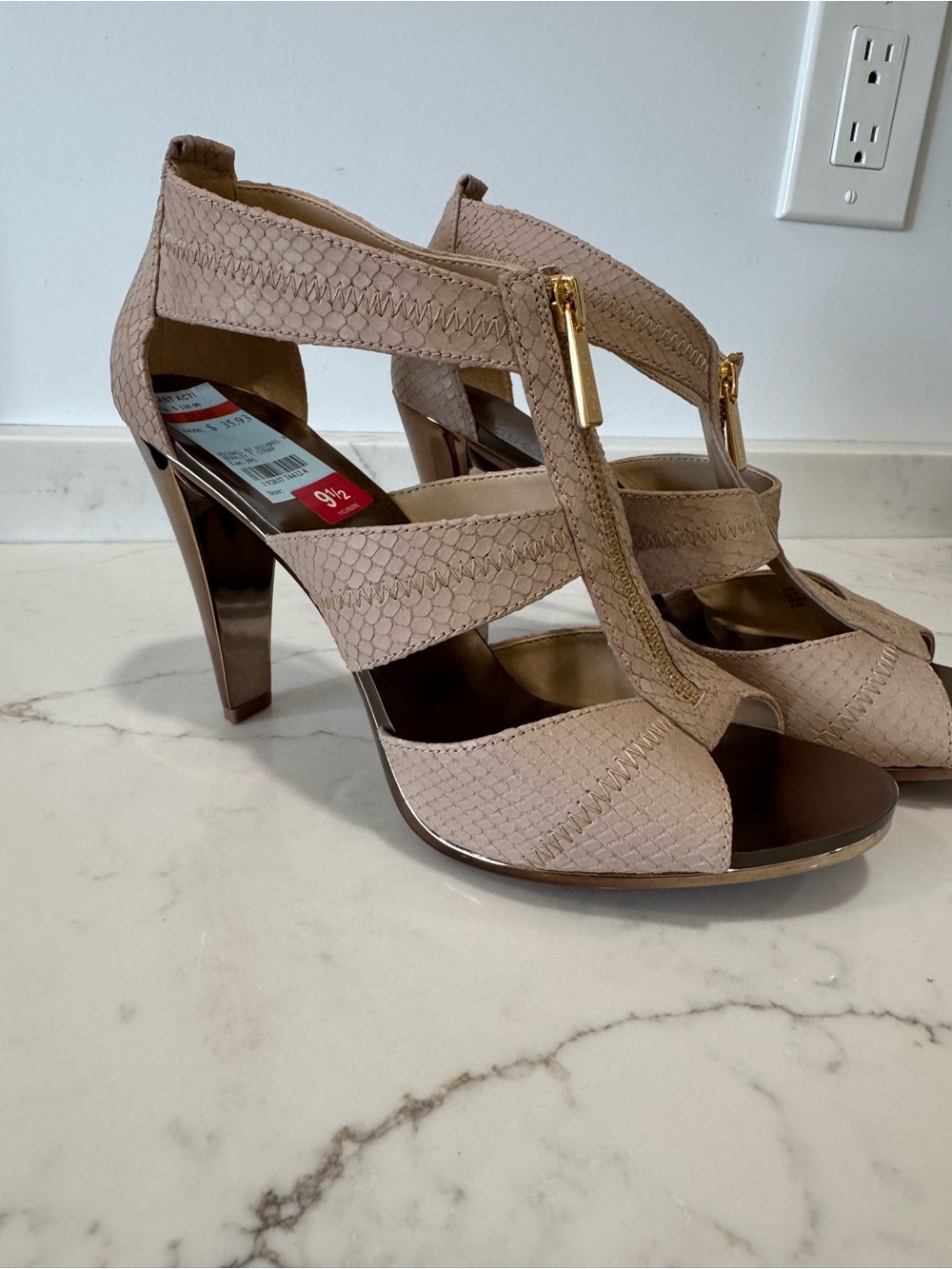 Women's Taupe Strappy High-Heel Sandals with Front Zipper